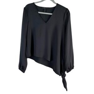BCBGMAXAZRIA V-Neck Asymmetric Hem Side-Tie Long Sleeve Blouse in‎ Black, XS